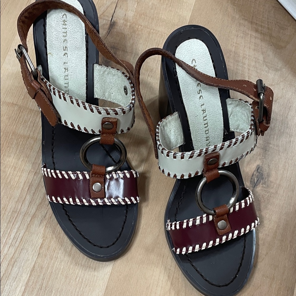 Chinese Laundry Leather Platform Sandals Brown O-Ring Heels‎ Size 9